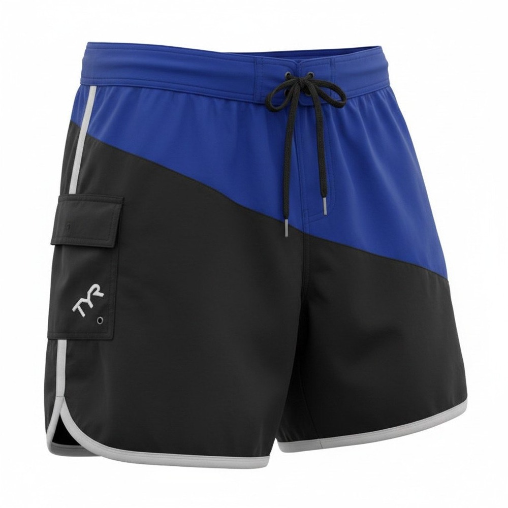 TYR Board Shorts Mens XL Blue Black Colorblock Recycled Stretch Swim Trunks‎